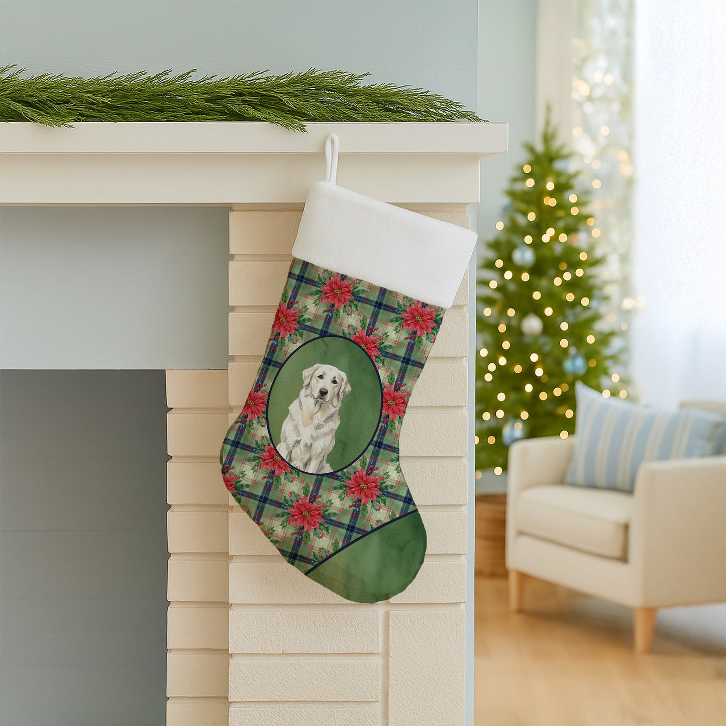 White Great Pyrenees Christmas PoinsettIas Holiday Stocking