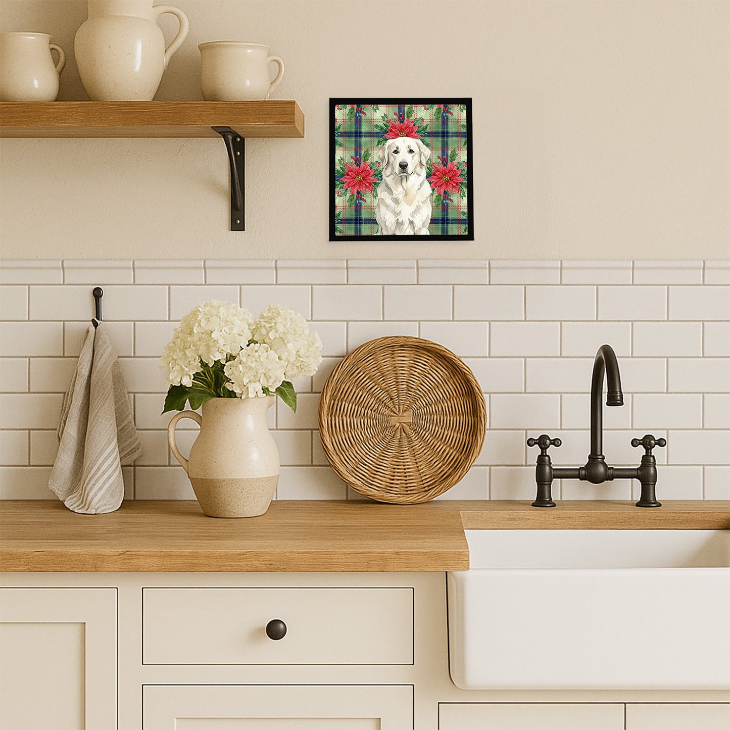 White Great Pyrenees Christmas PoinsettIas Framed Metal Print