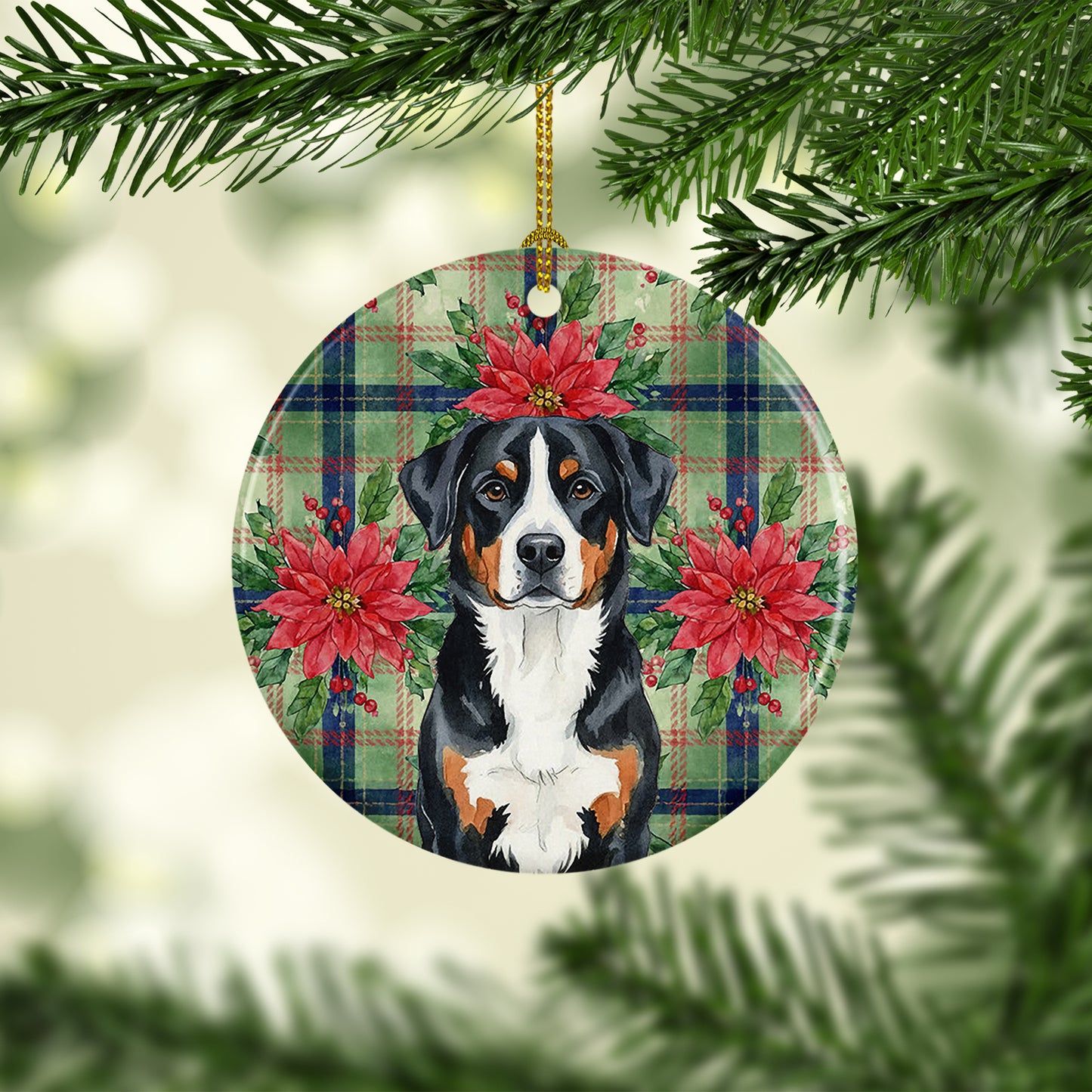 Greater Swiss Mountain Dog Christmas PoinsettIas Ceramic Ornament
