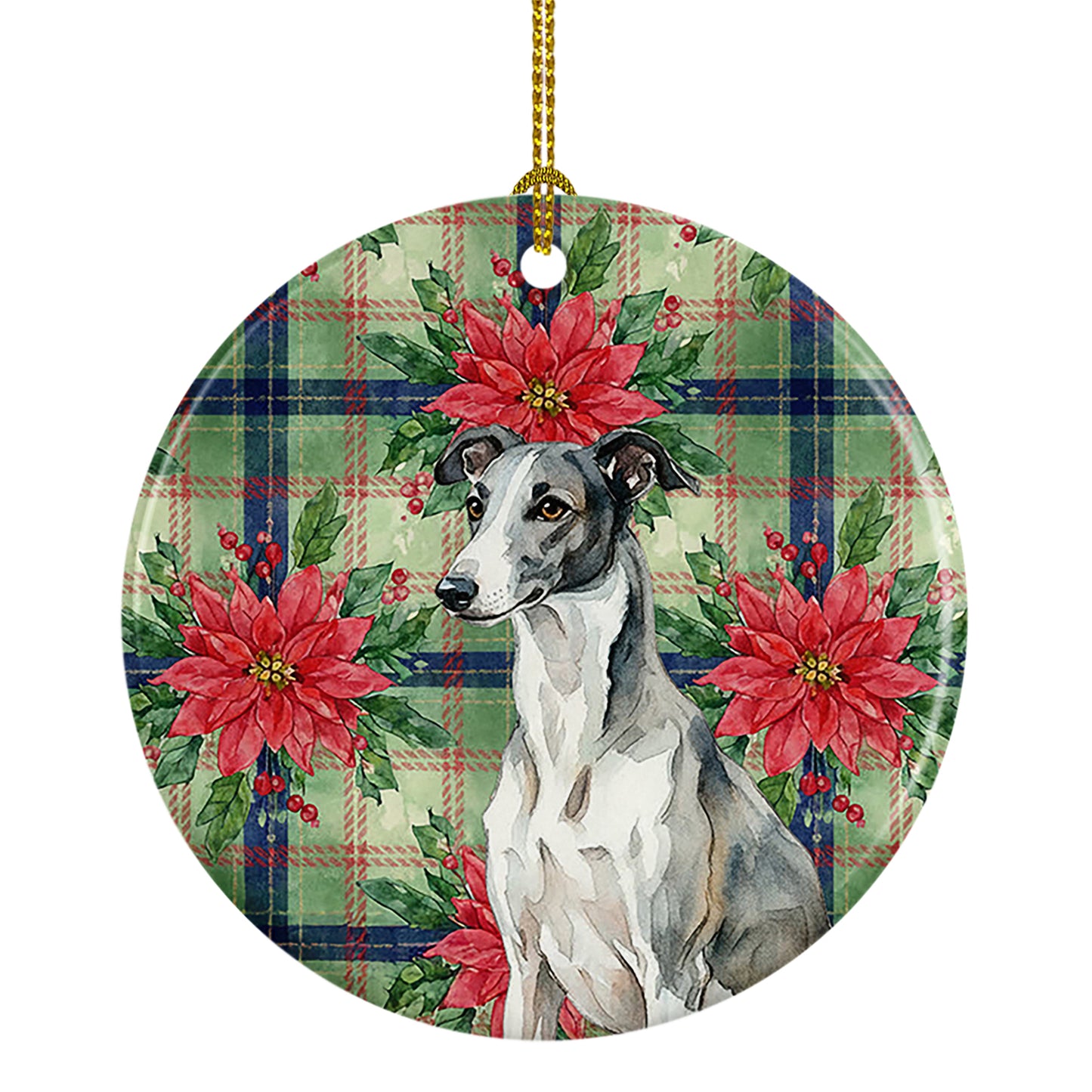 Buy this Black and White Greyhound Christmas PoinsettIas Ceramic Ornament