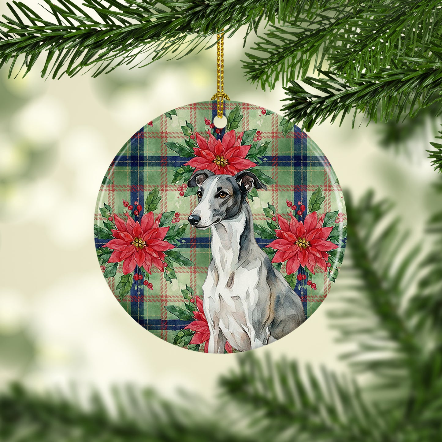 Black and White Greyhound Christmas PoinsettIas Ceramic Ornament