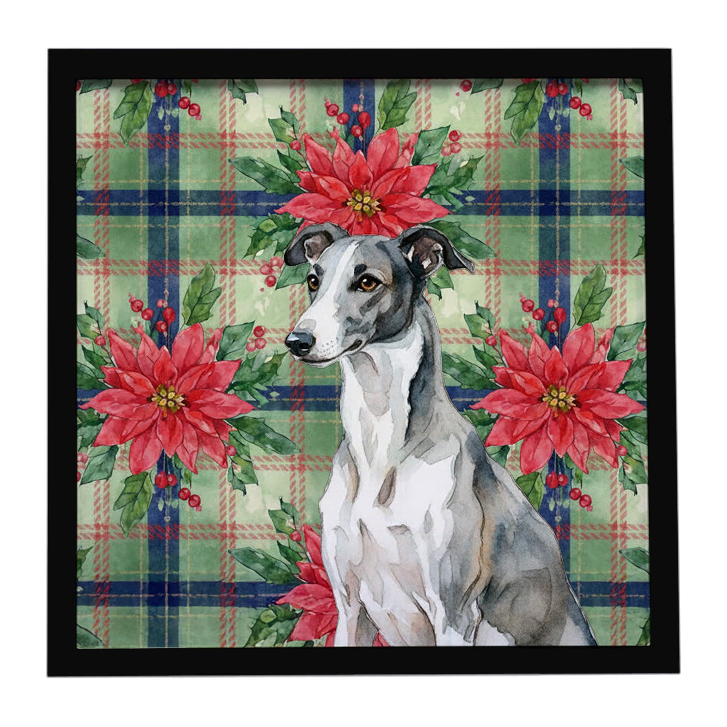 Buy this Black and White Greyhound Christmas PoinsettIas Framed Metal Print