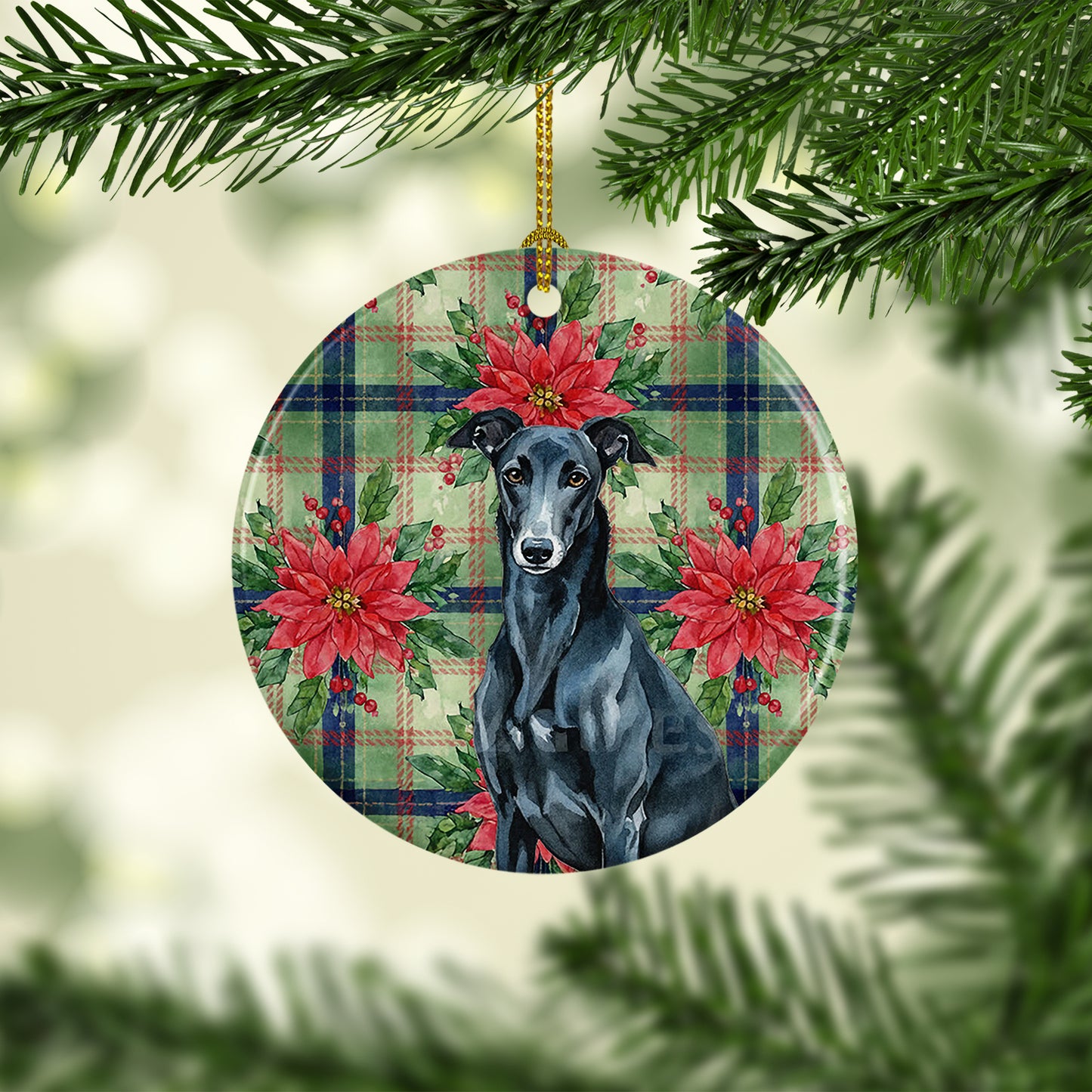 Black Greyhound Christmas PoinsettIas Ceramic Ornament