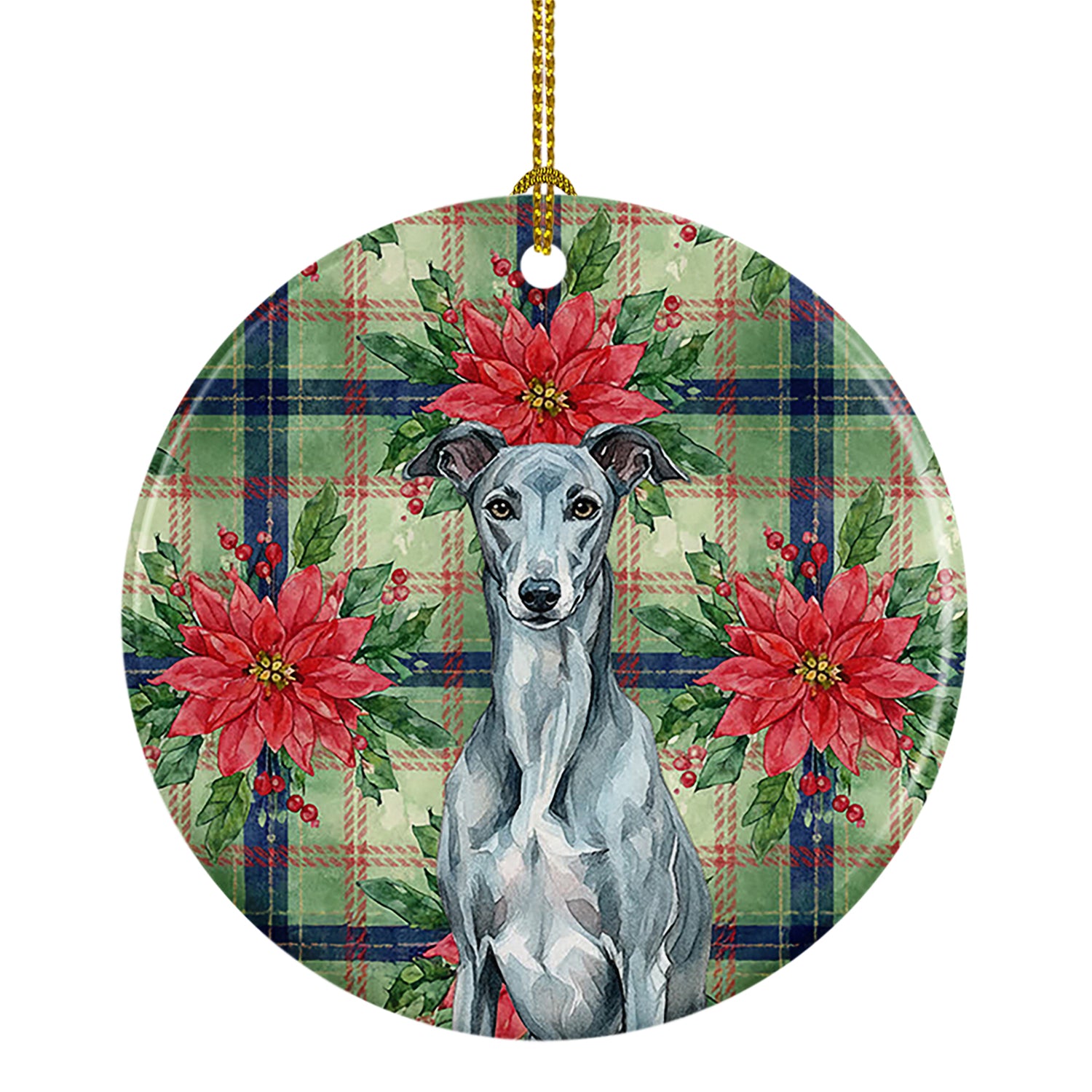 Buy this Blue Brindle Greyhound Christmas PoinsettIas Ceramic Ornament