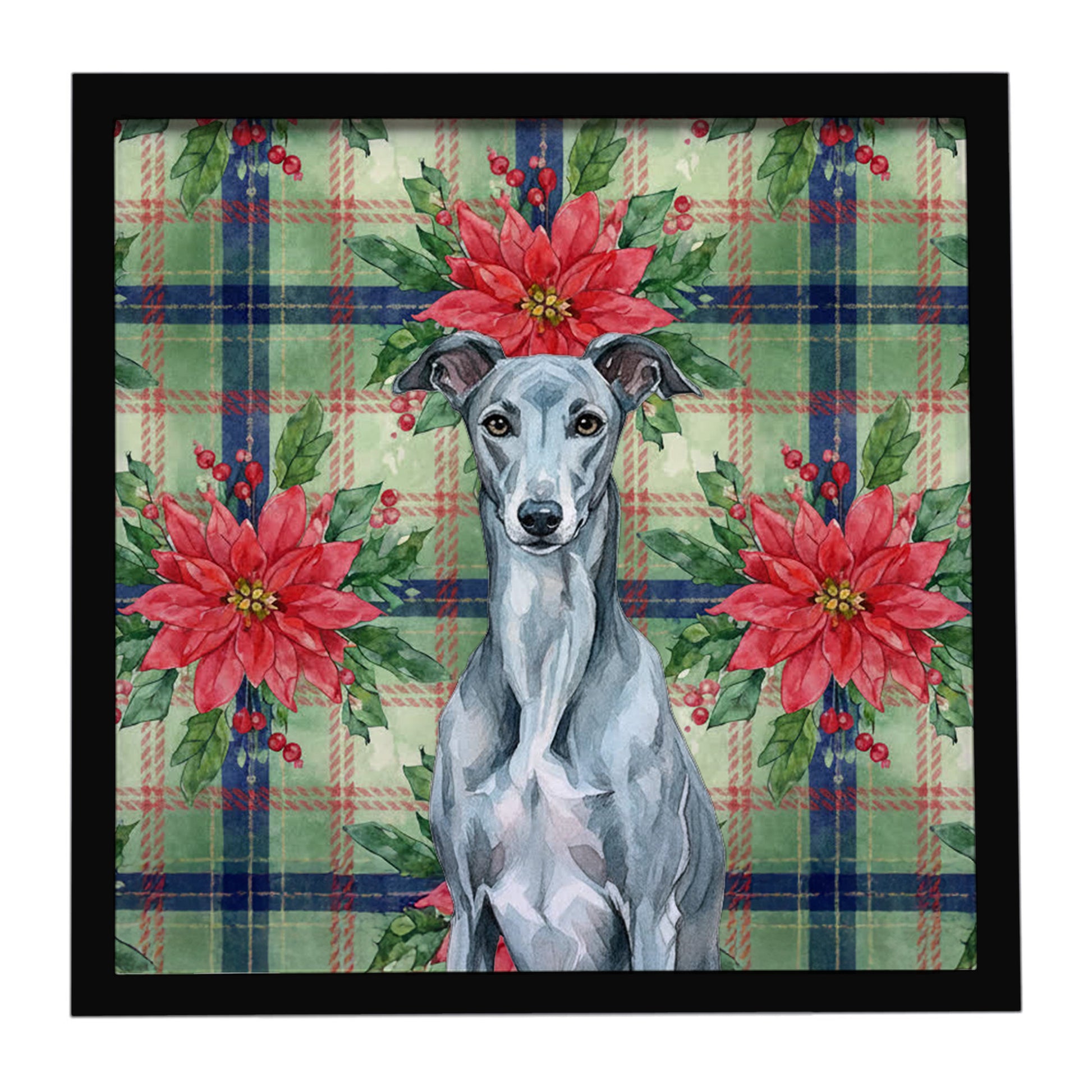 Buy this Blue Brindle Greyhound Christmas PoinsettIas Framed Metal Print