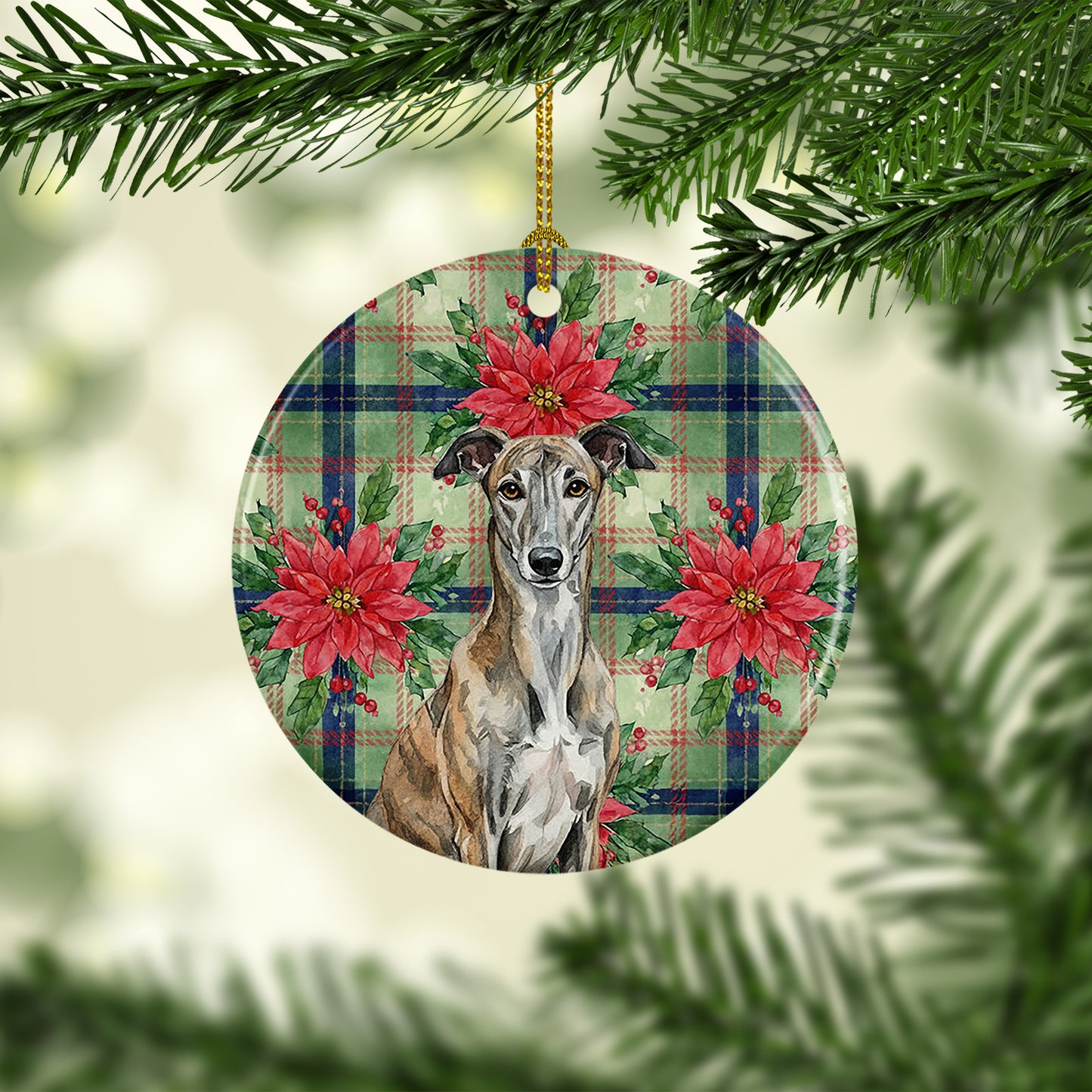 Brindle Greyhound Christmas PoinsettIas Ceramic Ornament