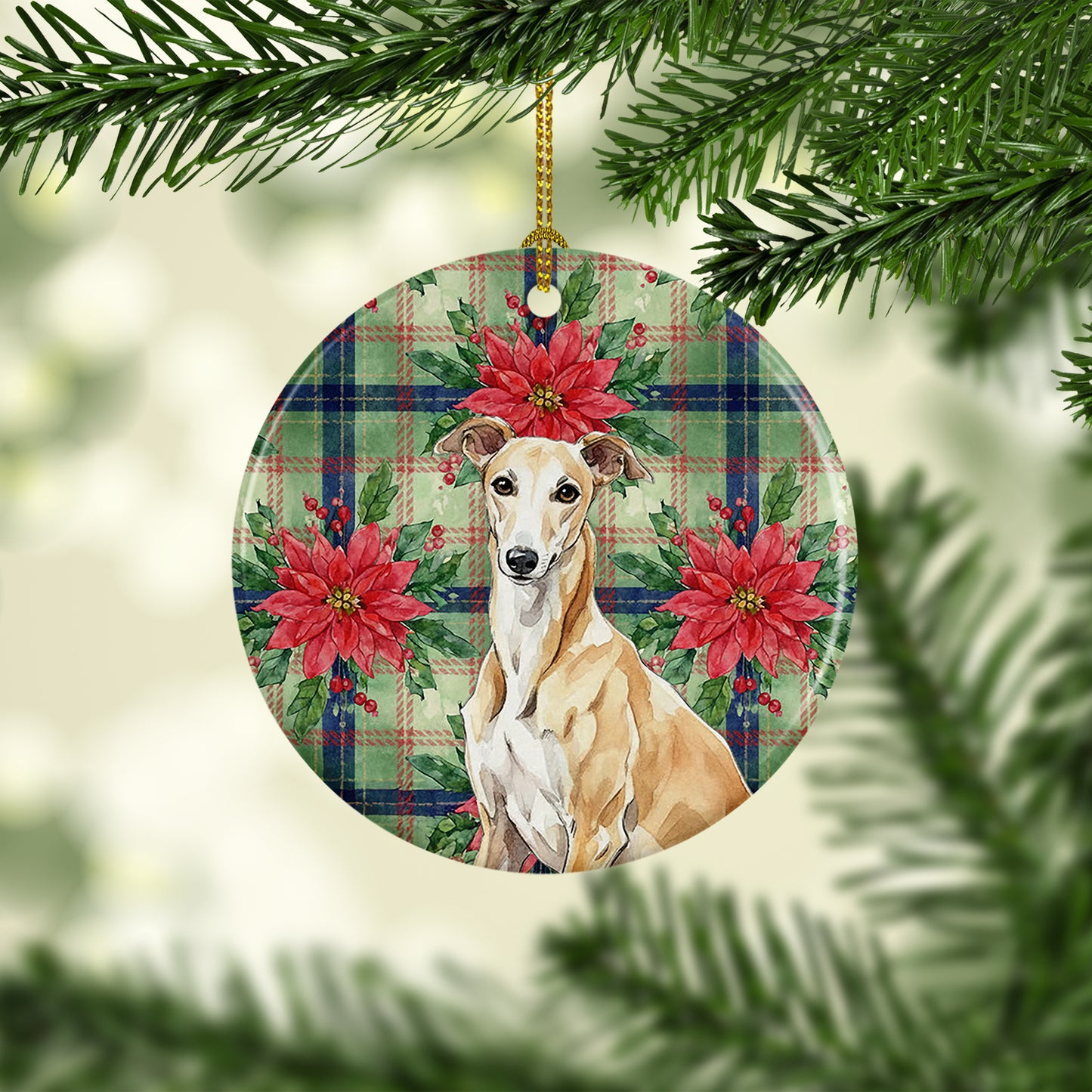 Fawn Greyhound Christmas PoinsettIas Ceramic Ornament