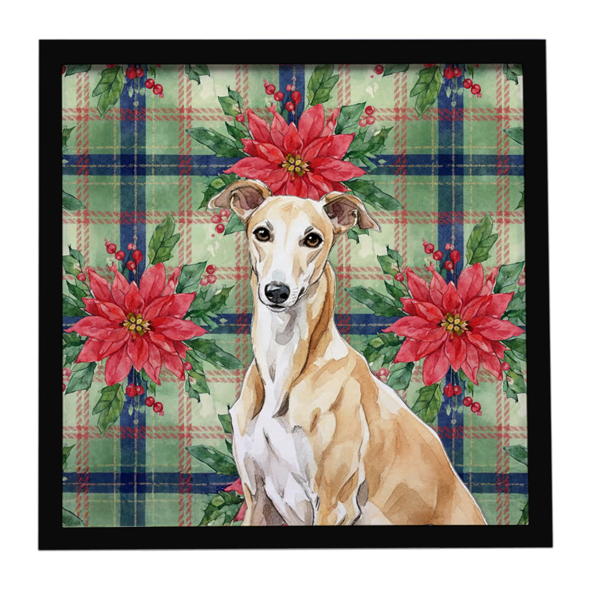 Buy this Fawn Greyhound Christmas PoinsettIas Framed Metal Print