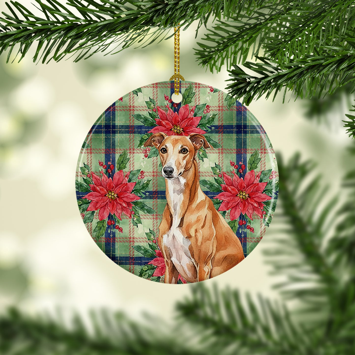 Red Greyhound Christmas PoinsettIas Ceramic Ornament