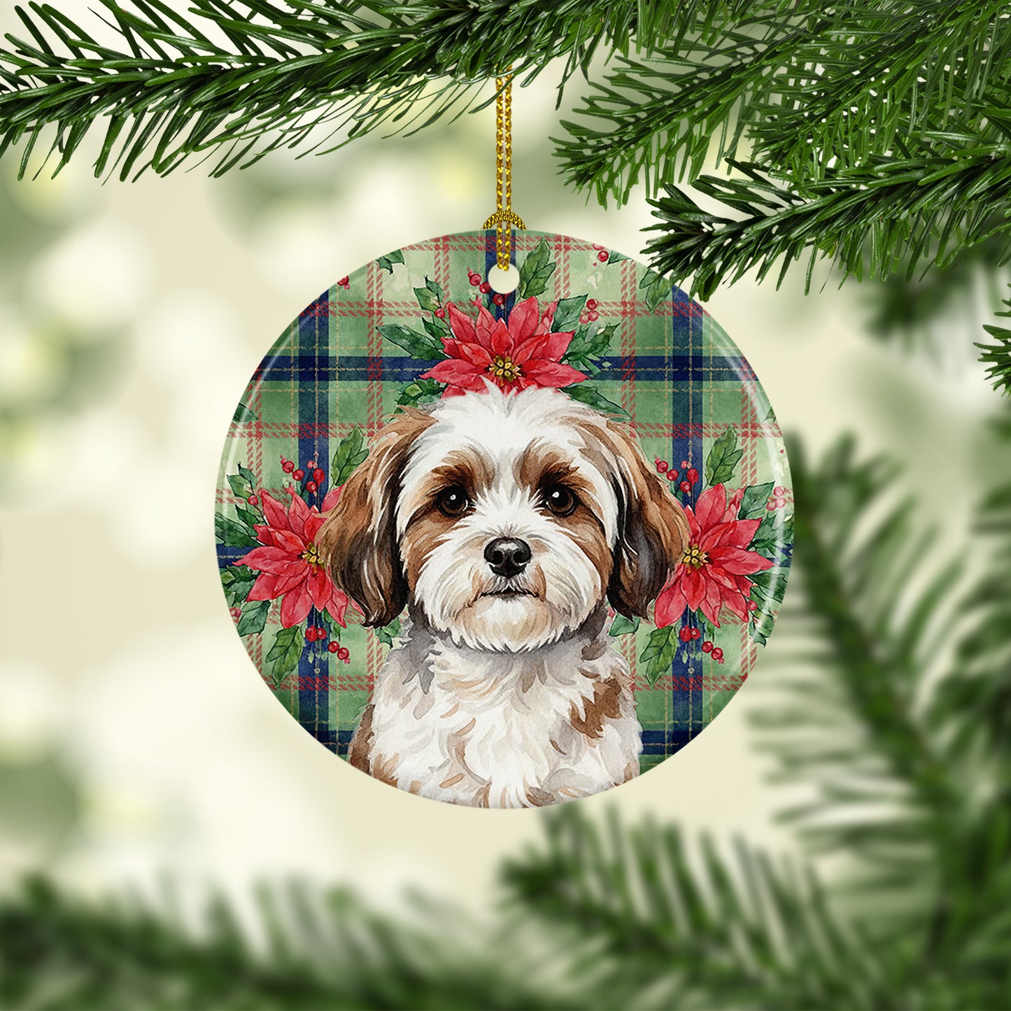 Parti-color Havanese Christmas PoinsettIas Ceramic Ornament