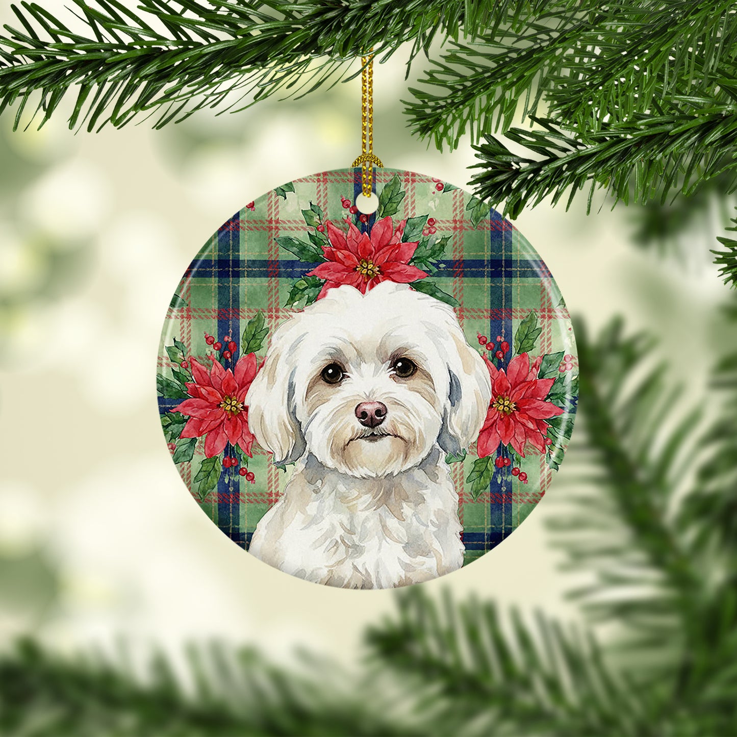 White Havanese Christmas PoinsettIas Ceramic Ornament