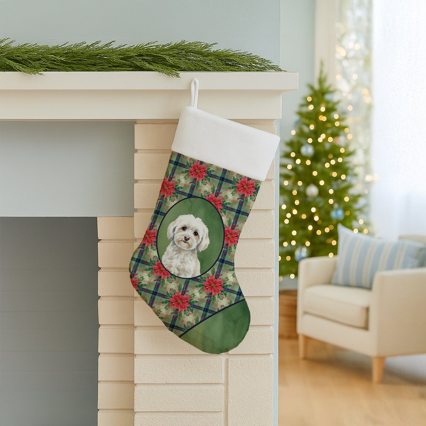 White Havanese Christmas PoinsettIas Holiday Stocking