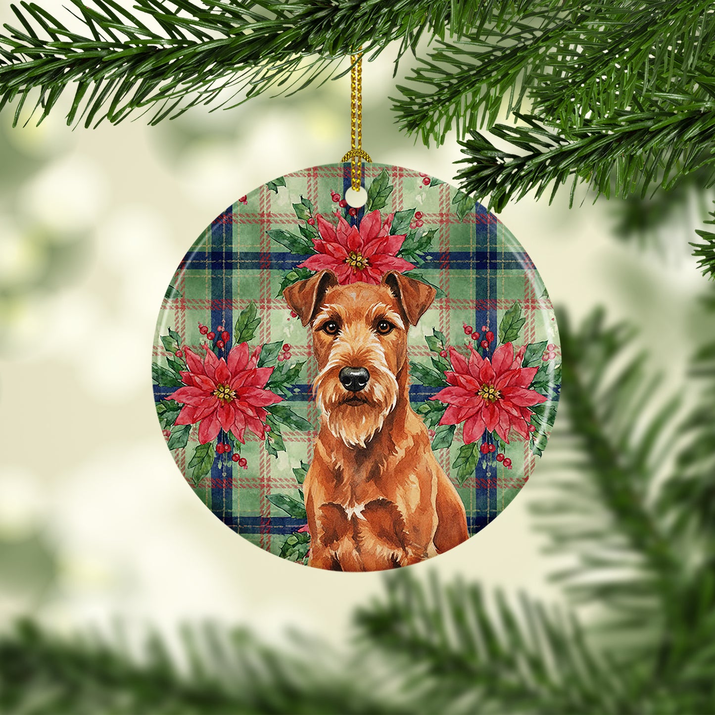 Irish Terrier Christmas PoinsettIas Ceramic Ornament