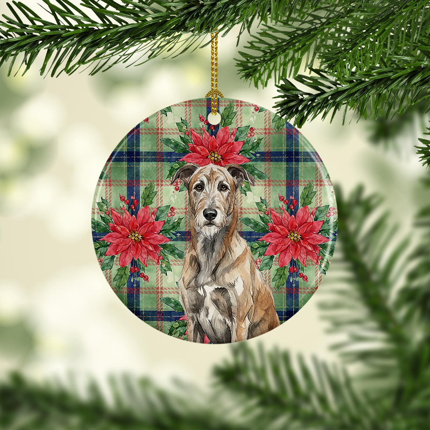 Brindle Irish Wolfhound Christmas PoinsettIas Ceramic Ornament