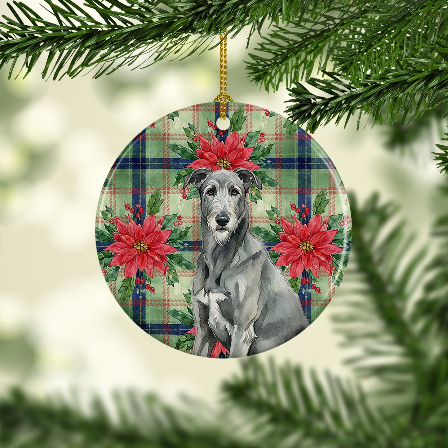 Gray Irish Wolfhound Christmas PoinsettIas Ceramic Ornament