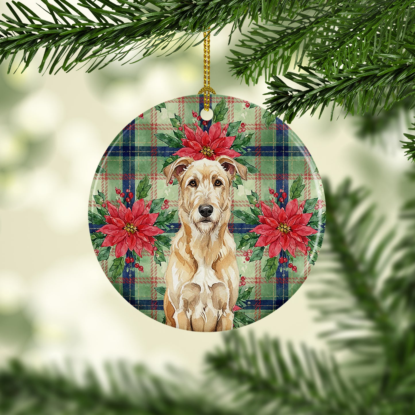 Wheaten Irish Wolfhound Christmas PoinsettIas Ceramic Ornament