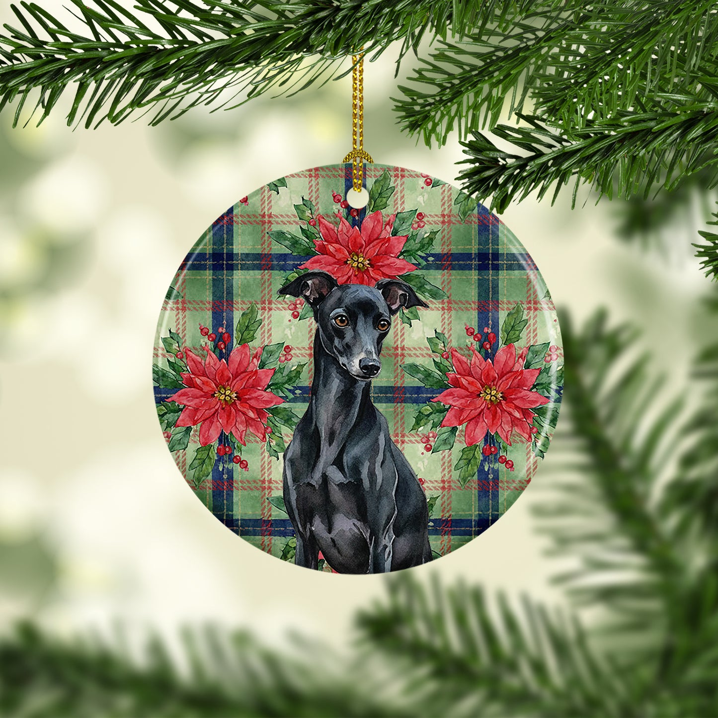 Black Italian Greyhound Christmas PoinsettIas Ceramic Ornament