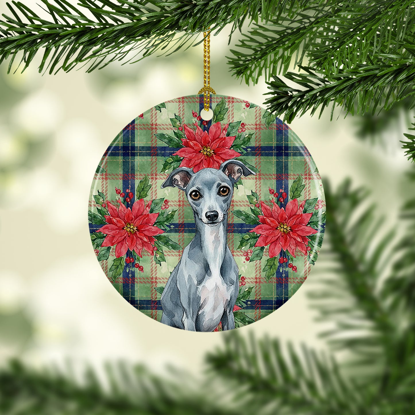 Blue Italian Greyhound Christmas PoinsettIas Ceramic Ornament