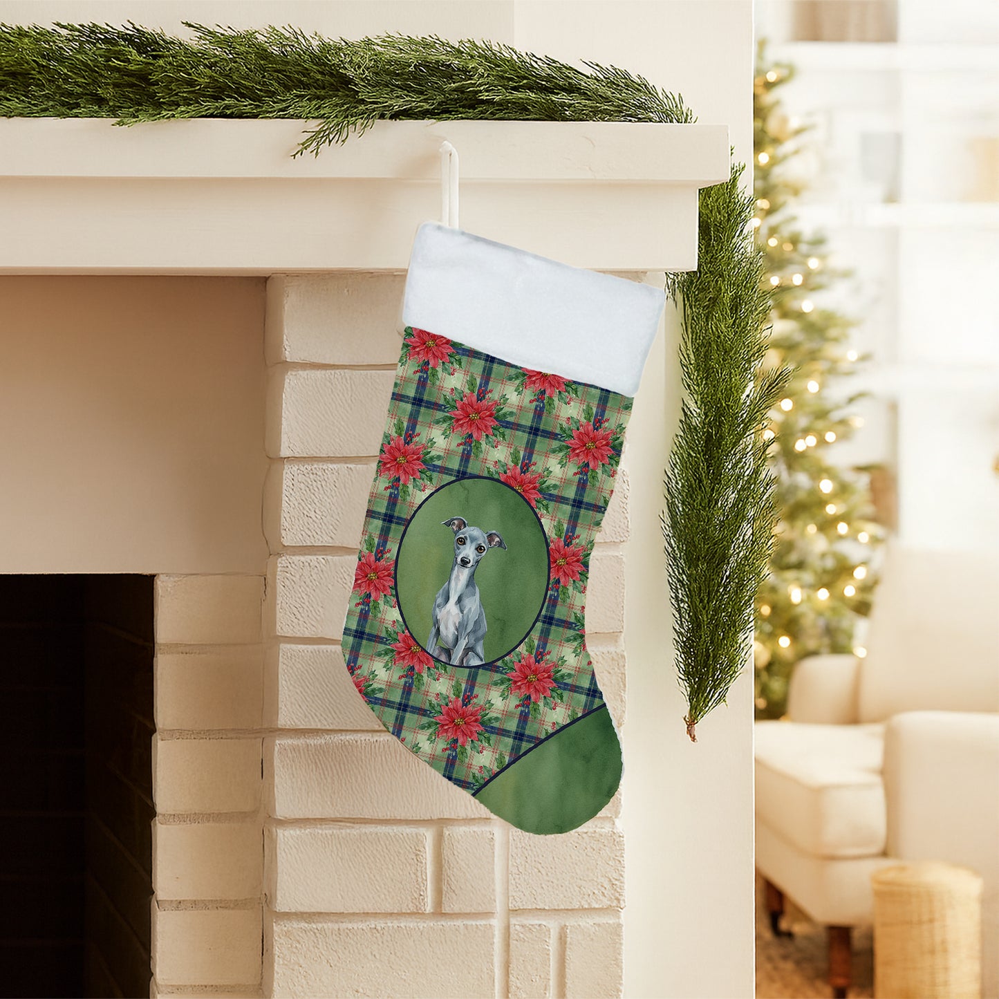 Blue Italian Greyhound Christmas PoinsettIas Holiday Stocking