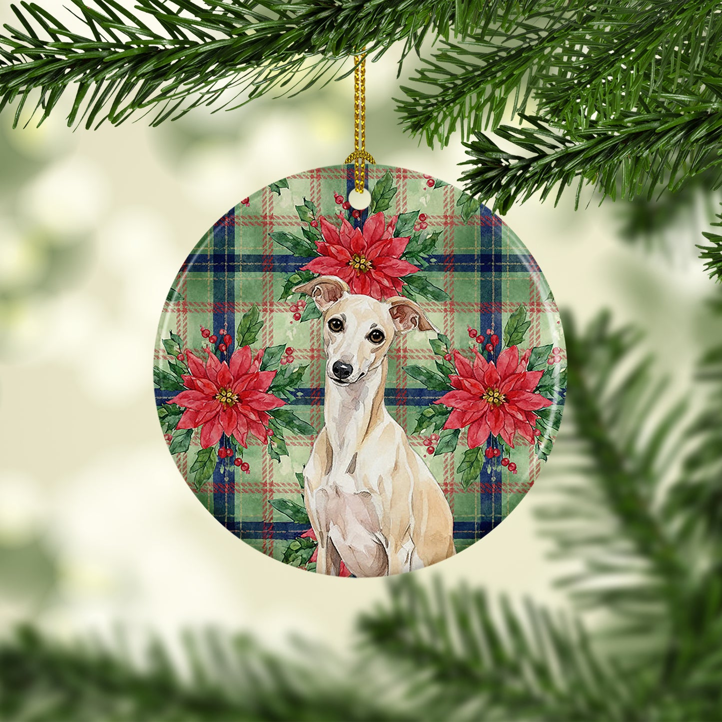 Cream Italian Greyhound Christmas PoinsettIas Ceramic Ornament