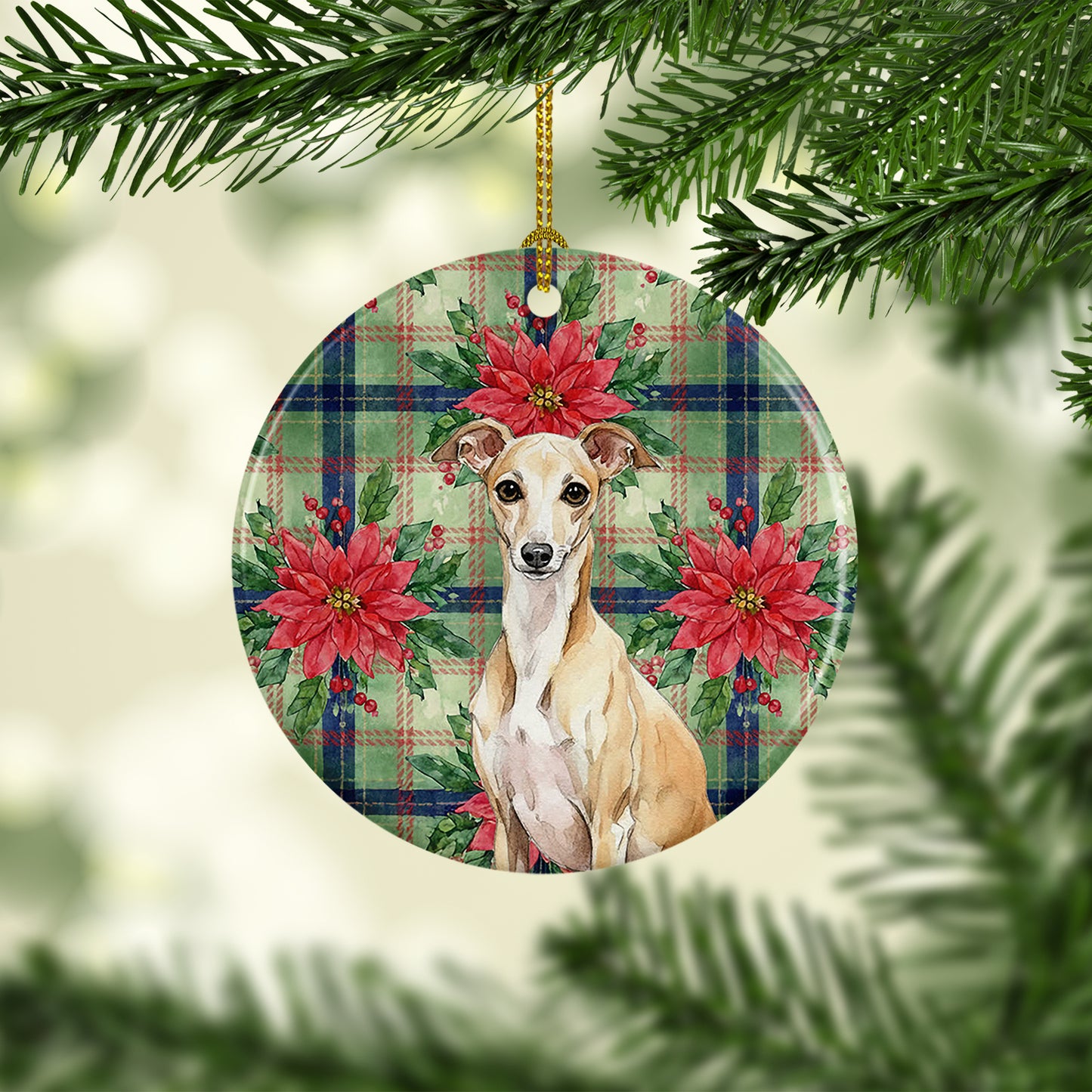 Fawn Italian Greyhound Christmas PoinsettIas Ceramic Ornament