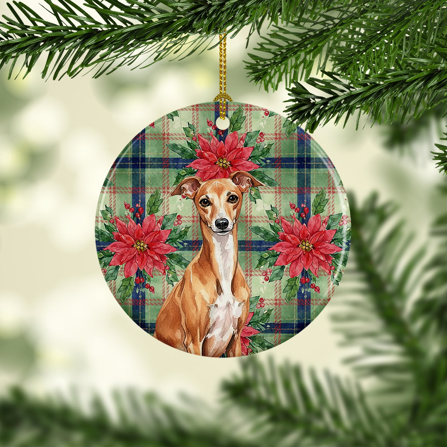Red Italian Greyhound Christmas PoinsettIas Ceramic Ornament
