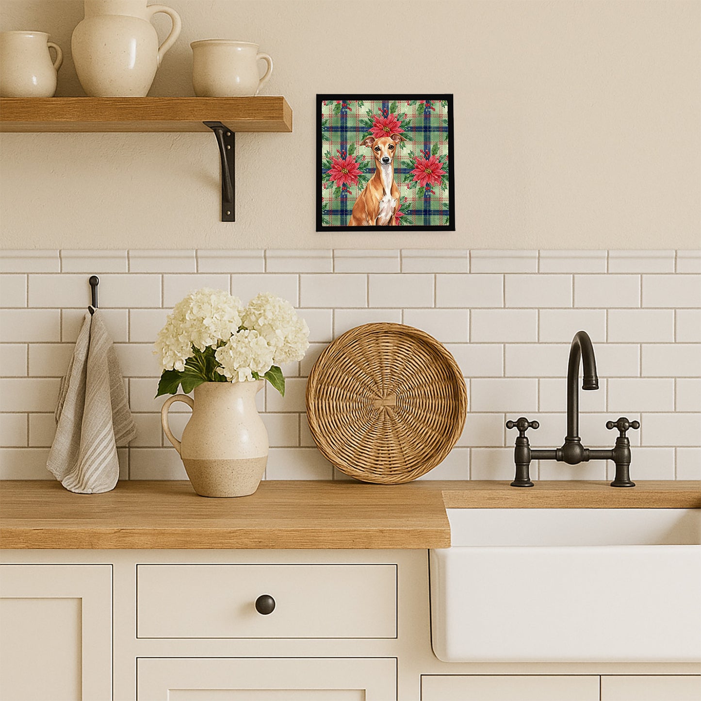 Red Italian Greyhound Christmas PoinsettIas Framed Metal Print