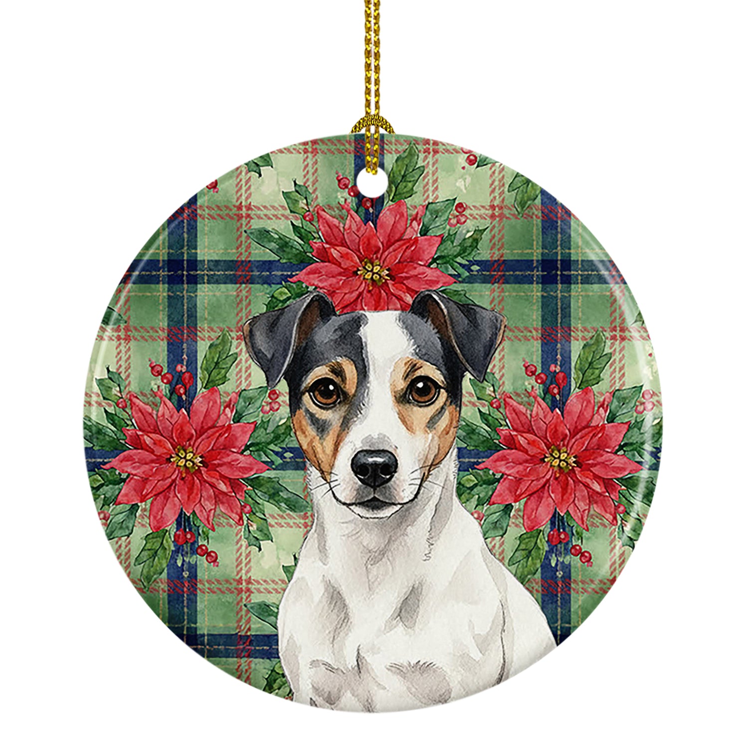 Buy this White and Black Jack Russell Terrier Christmas PoinsettIas Ceramic Ornament