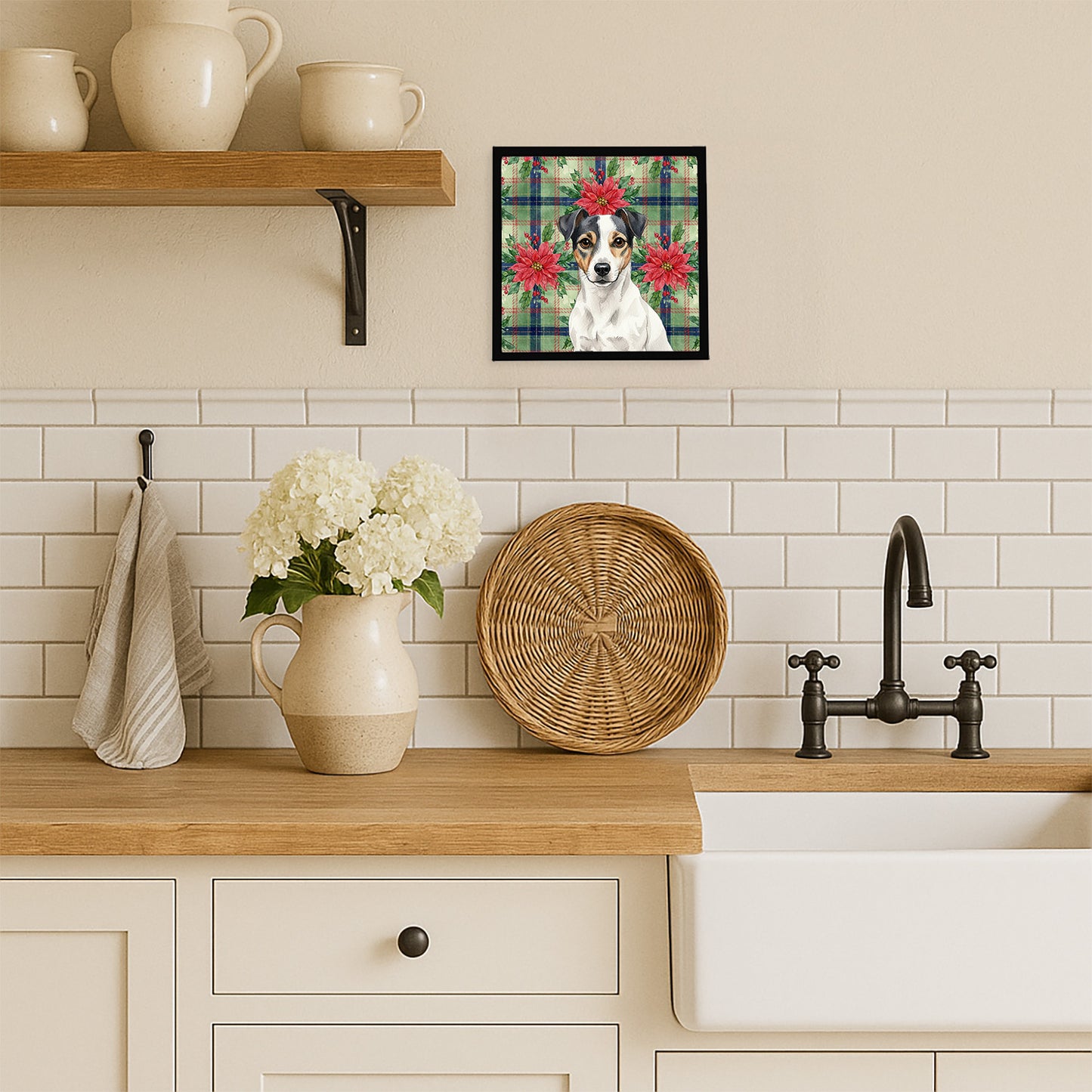 White and Black Jack Russell Terrier Christmas PoinsettIas Framed Metal Print