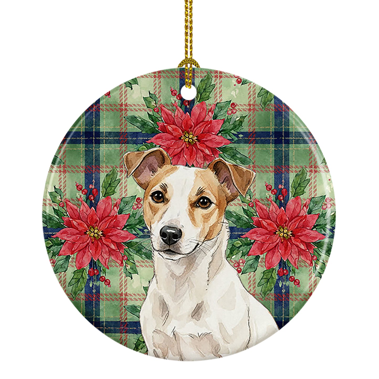 Buy this White and Tan Jack Russell Terrier Christmas PoinsettIas Ceramic Ornament