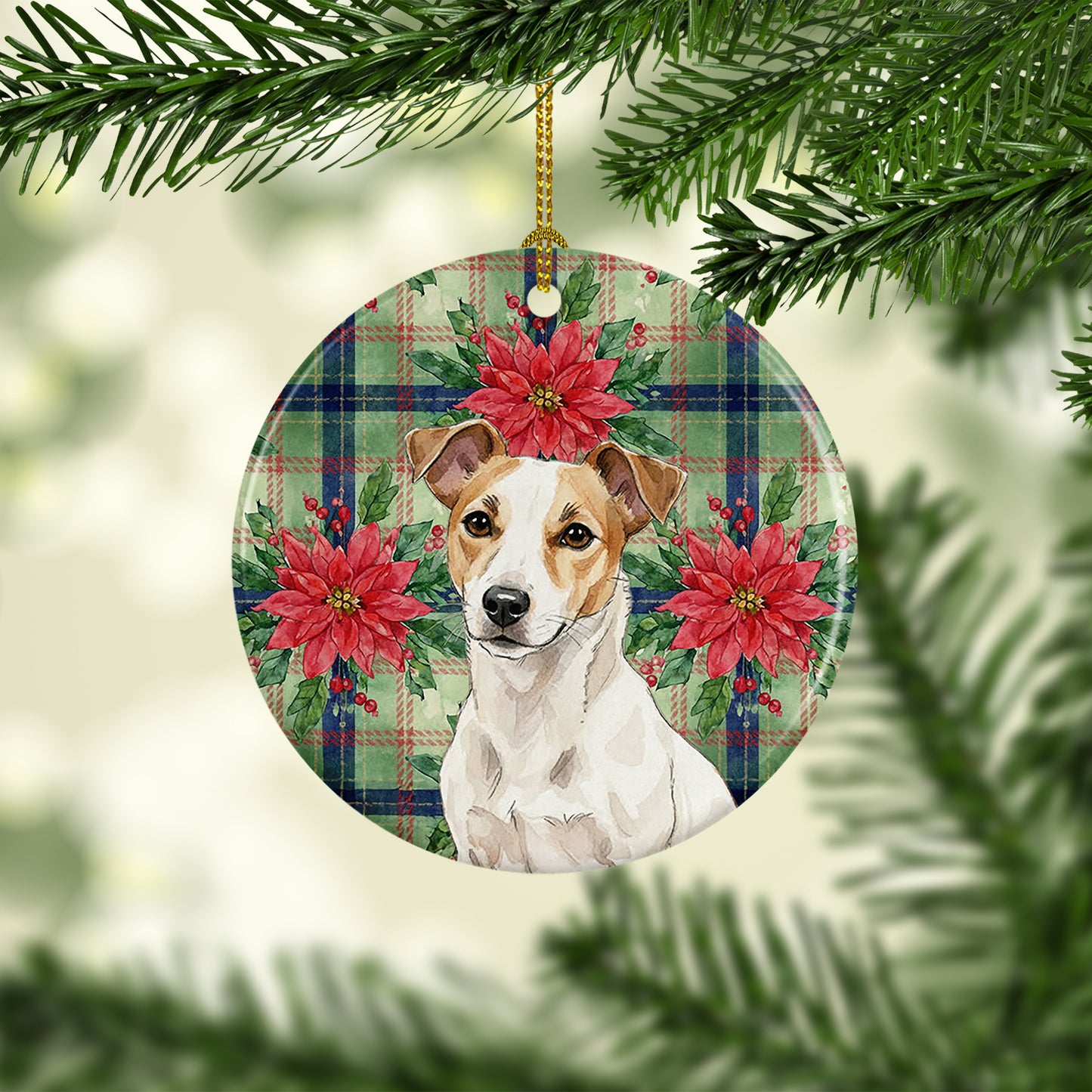 White and Tan Jack Russell Terrier Christmas PoinsettIas Ceramic Ornament