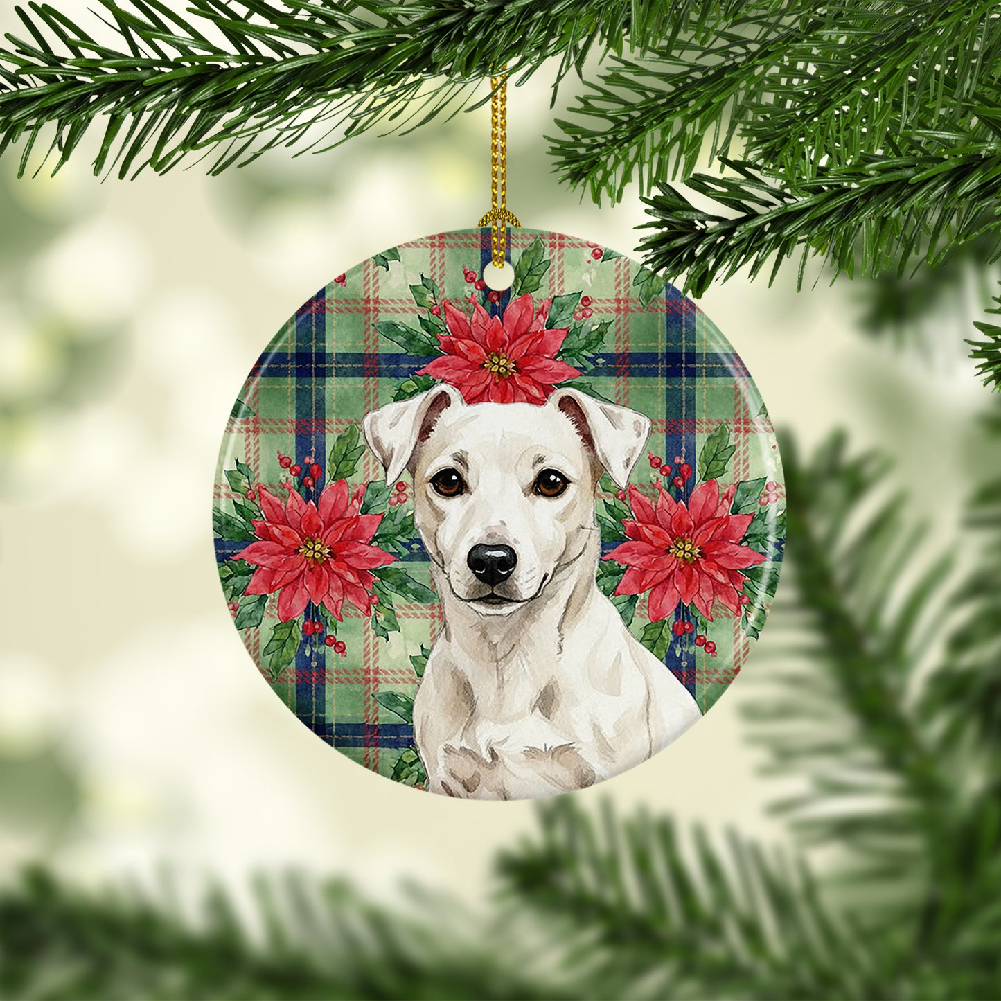 White Jack Russell Terrier Christmas PoinsettIas Ceramic Ornament