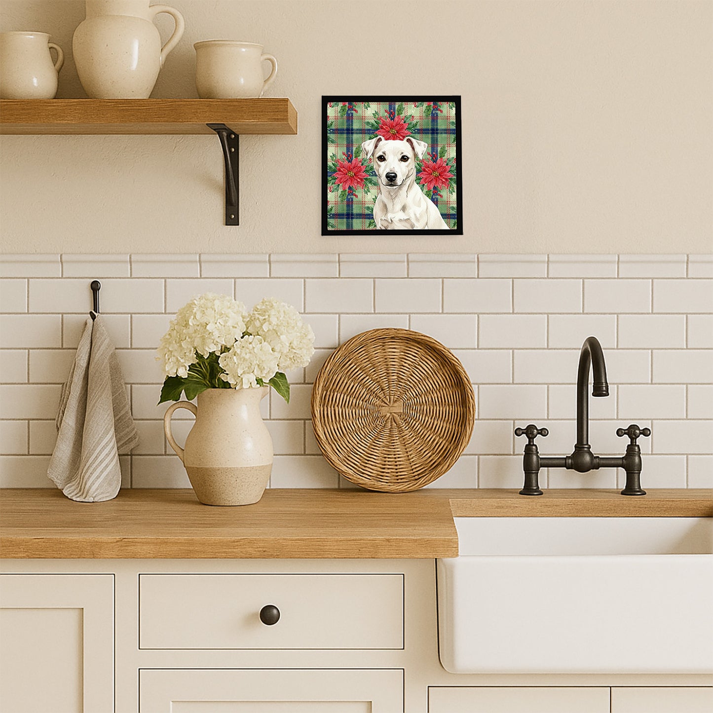 White Jack Russell Terrier Christmas PoinsettIas Framed Metal Print