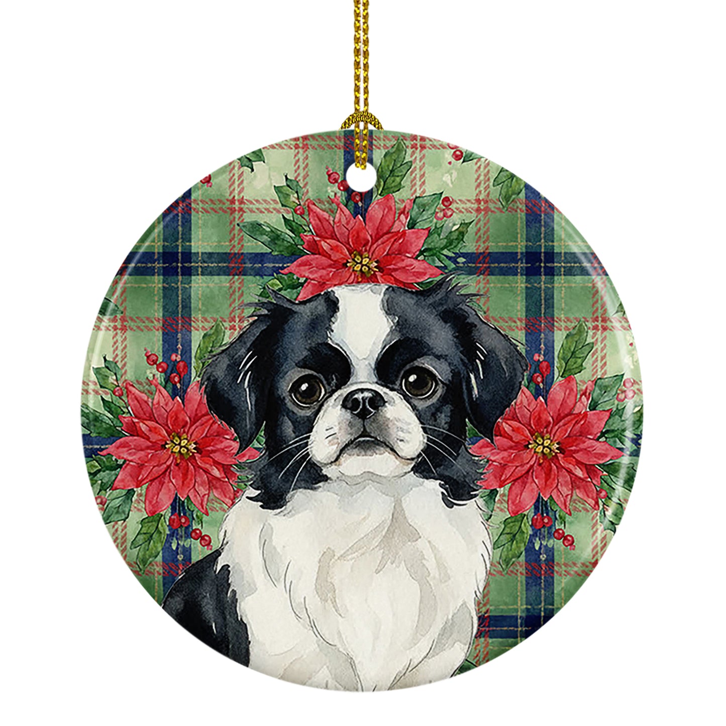 Buy this Black and White Japanese Chin Christmas PoinsettIas Ceramic Ornament
