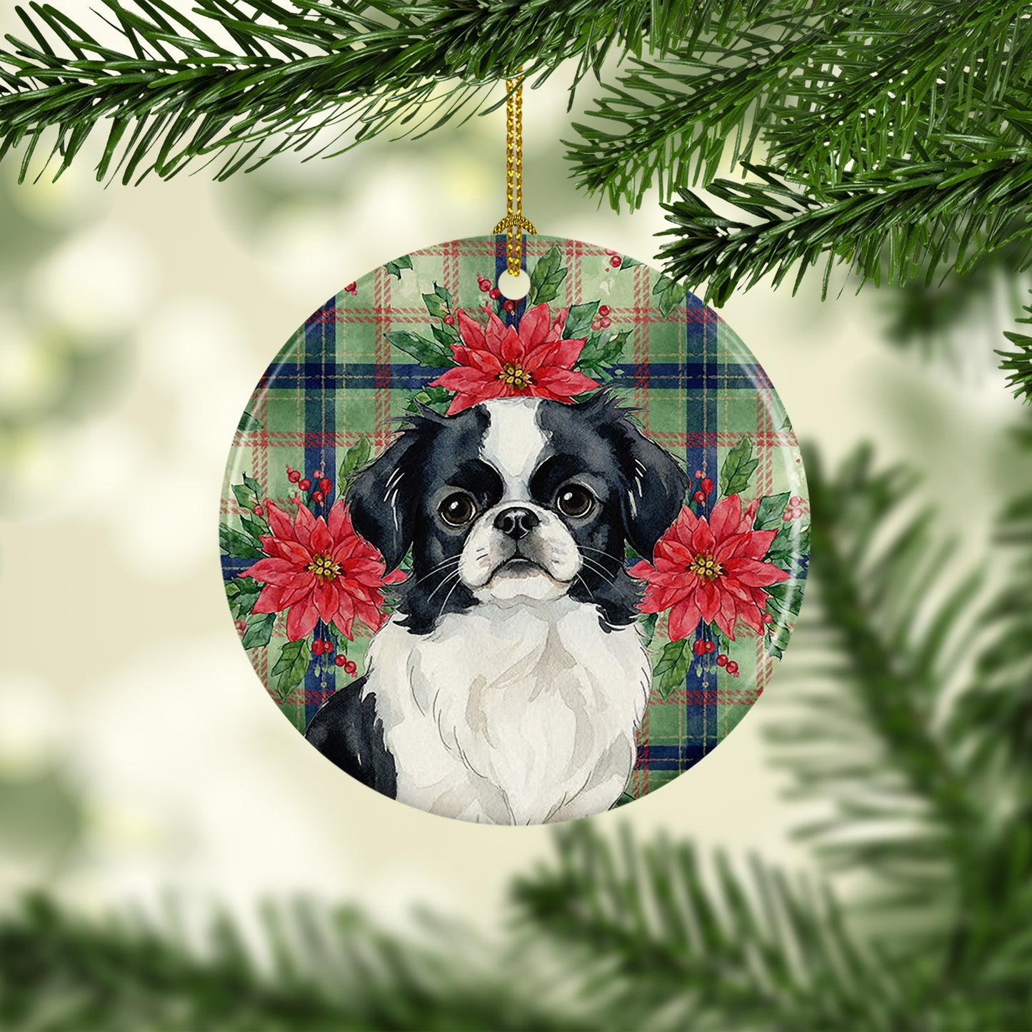 Black and White Japanese Chin Christmas PoinsettIas Ceramic Ornament