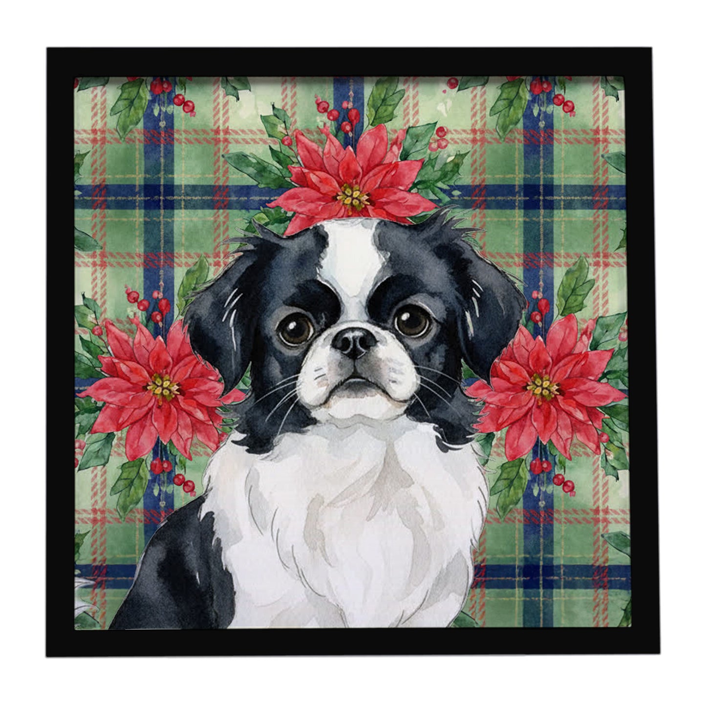 Buy this Black and White Japanese Chin Christmas PoinsettIas Framed Metal Print