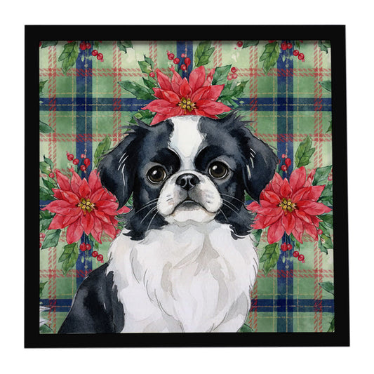 Buy this Black and White Japanese Chin Christmas PoinsettIas Framed Metal Print