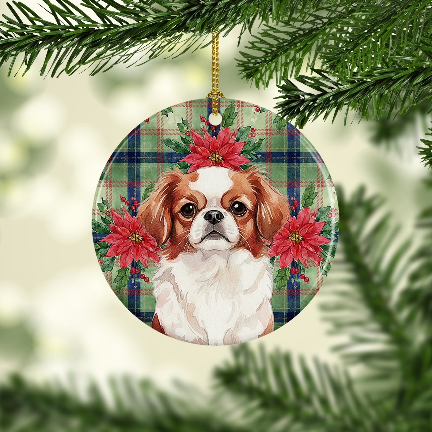 Red and White Japanese Chin Christmas PoinsettIas Ceramic Ornament