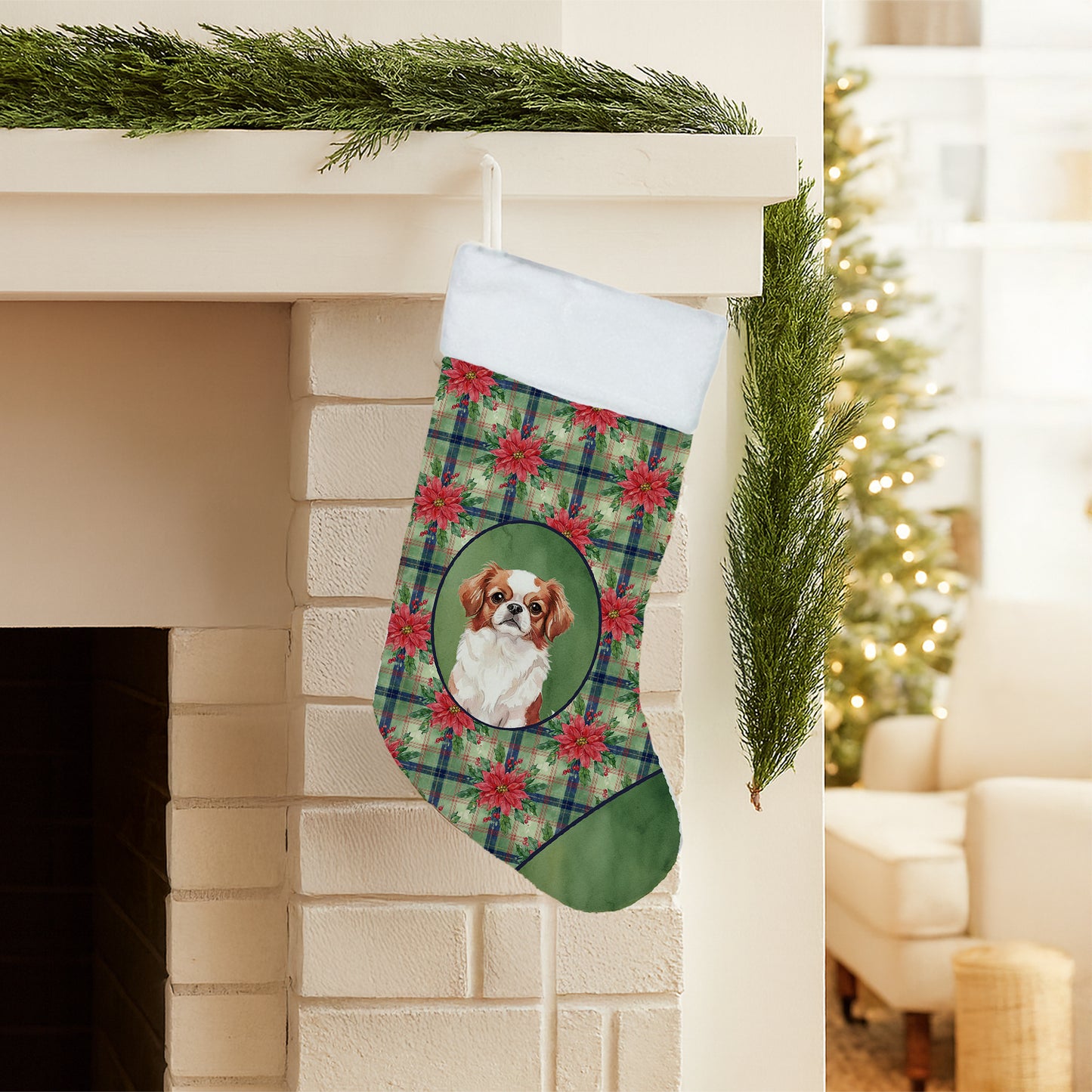 Red and White Japanese Chin Christmas PoinsettIas Holiday Stocking