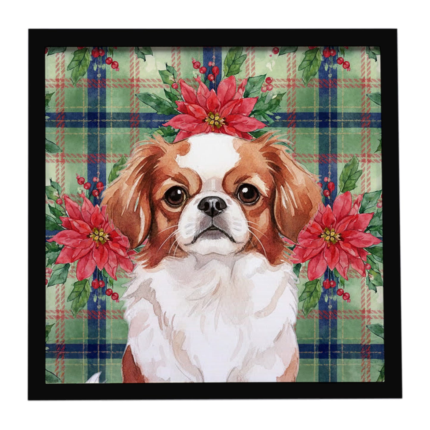 Buy this Red and White Japanese Chin Christmas PoinsettIas Framed Metal Print