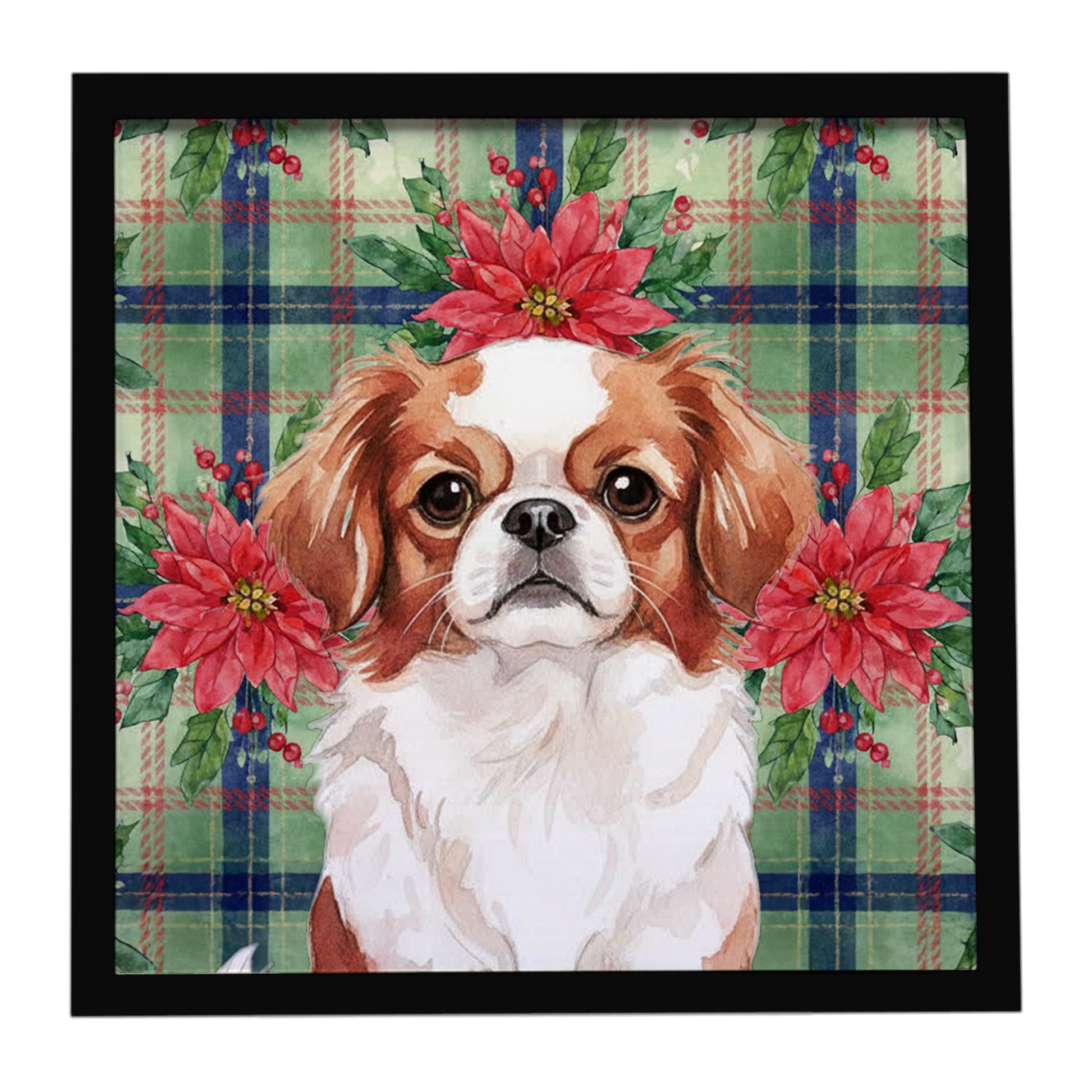 Buy this Red and White Japanese Chin Christmas PoinsettIas Framed Metal Print