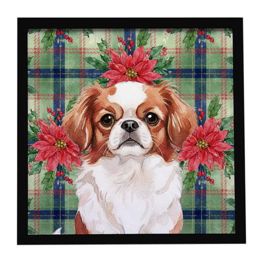 Buy this Red and White Japanese Chin Christmas PoinsettIas Framed Metal Print