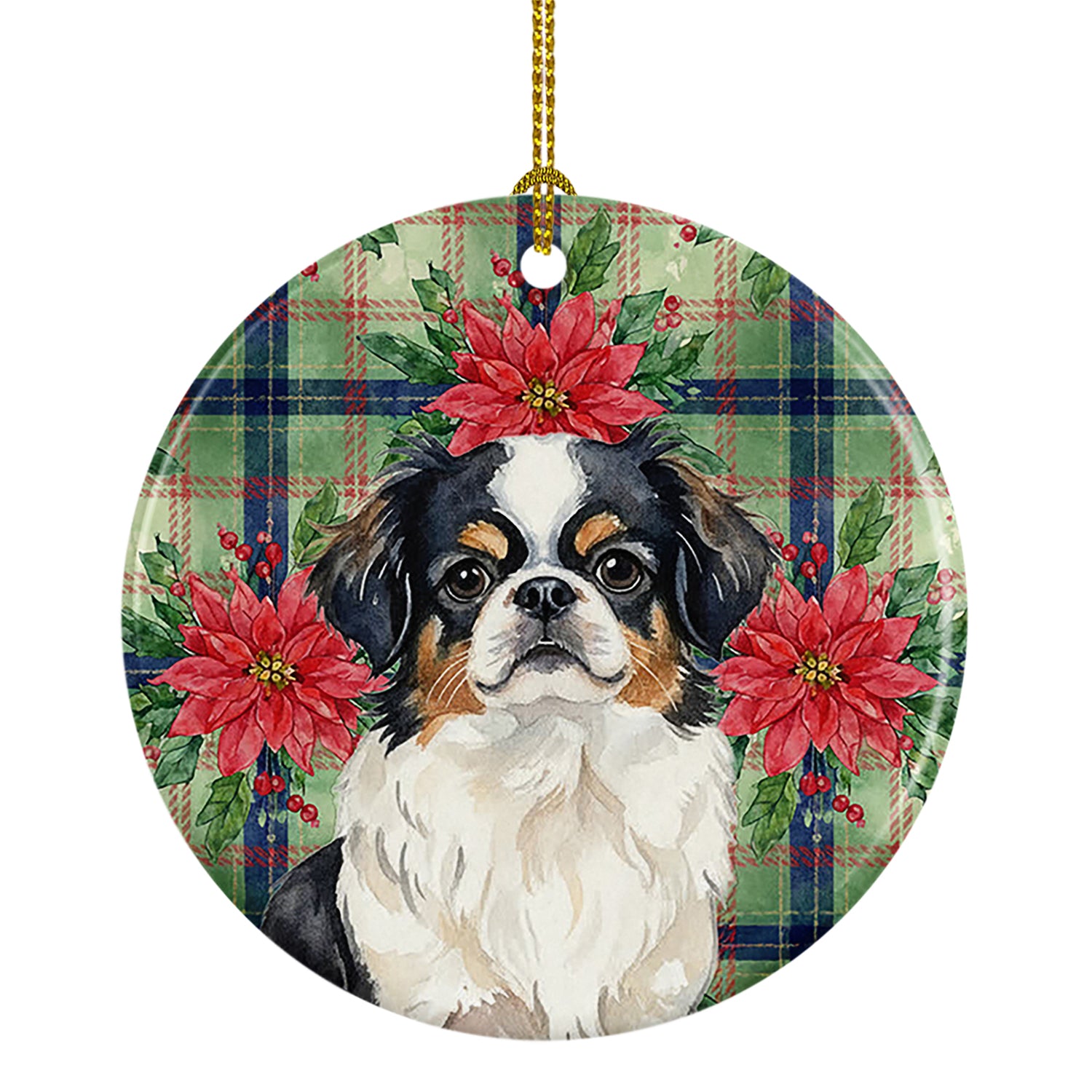 Buy this Tricolor Japanese Chin Christmas PoinsettIas Ceramic Ornament