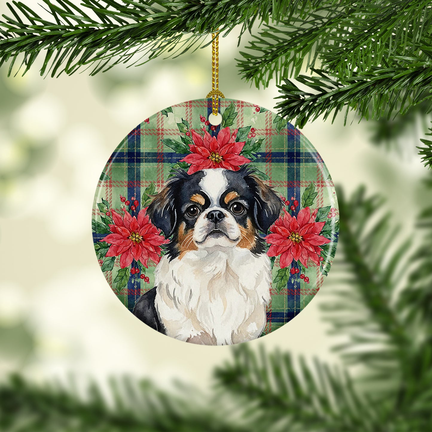Tricolor Japanese Chin Christmas PoinsettIas Ceramic Ornament
