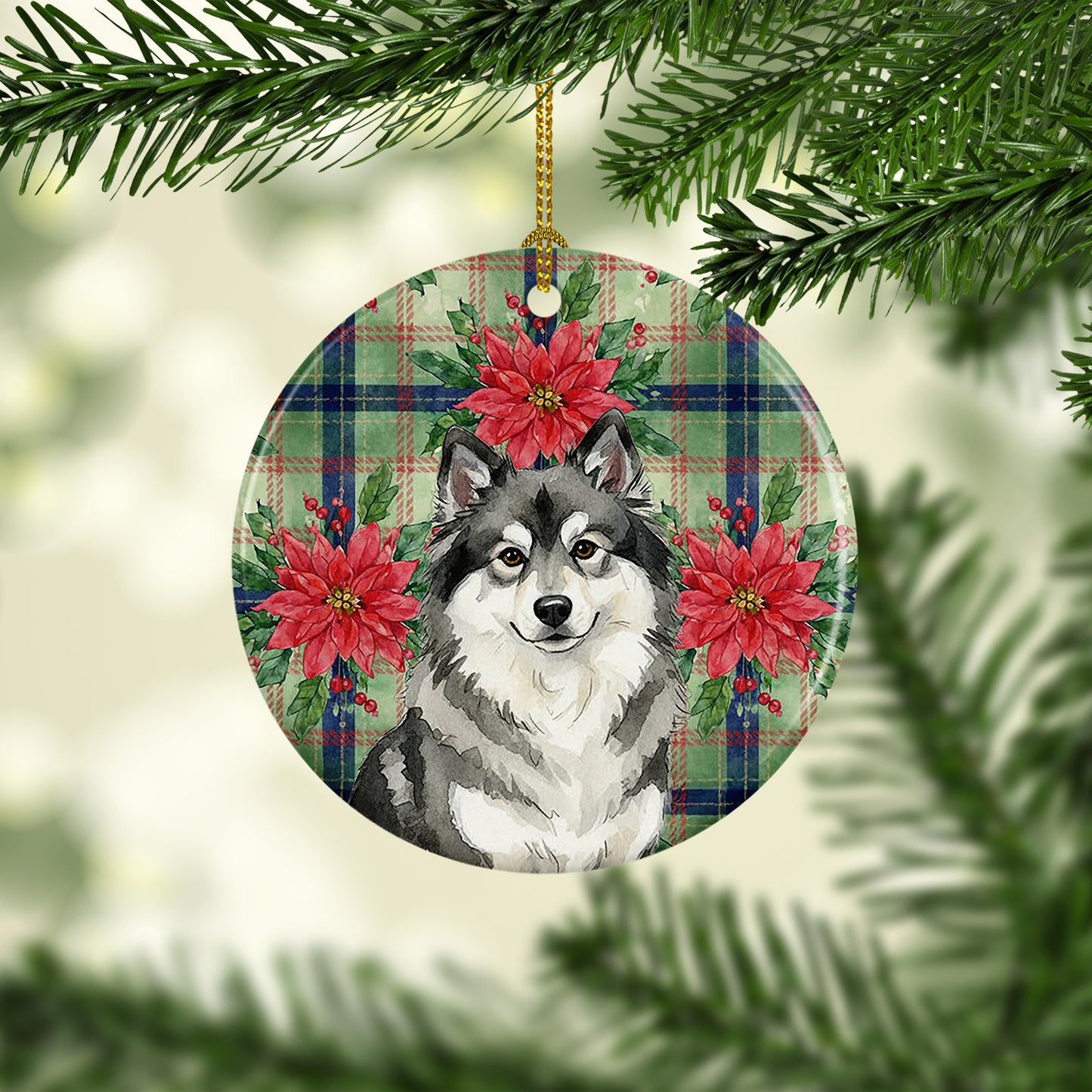 Keeshond Christmas PoinsettIas Ceramic Ornament