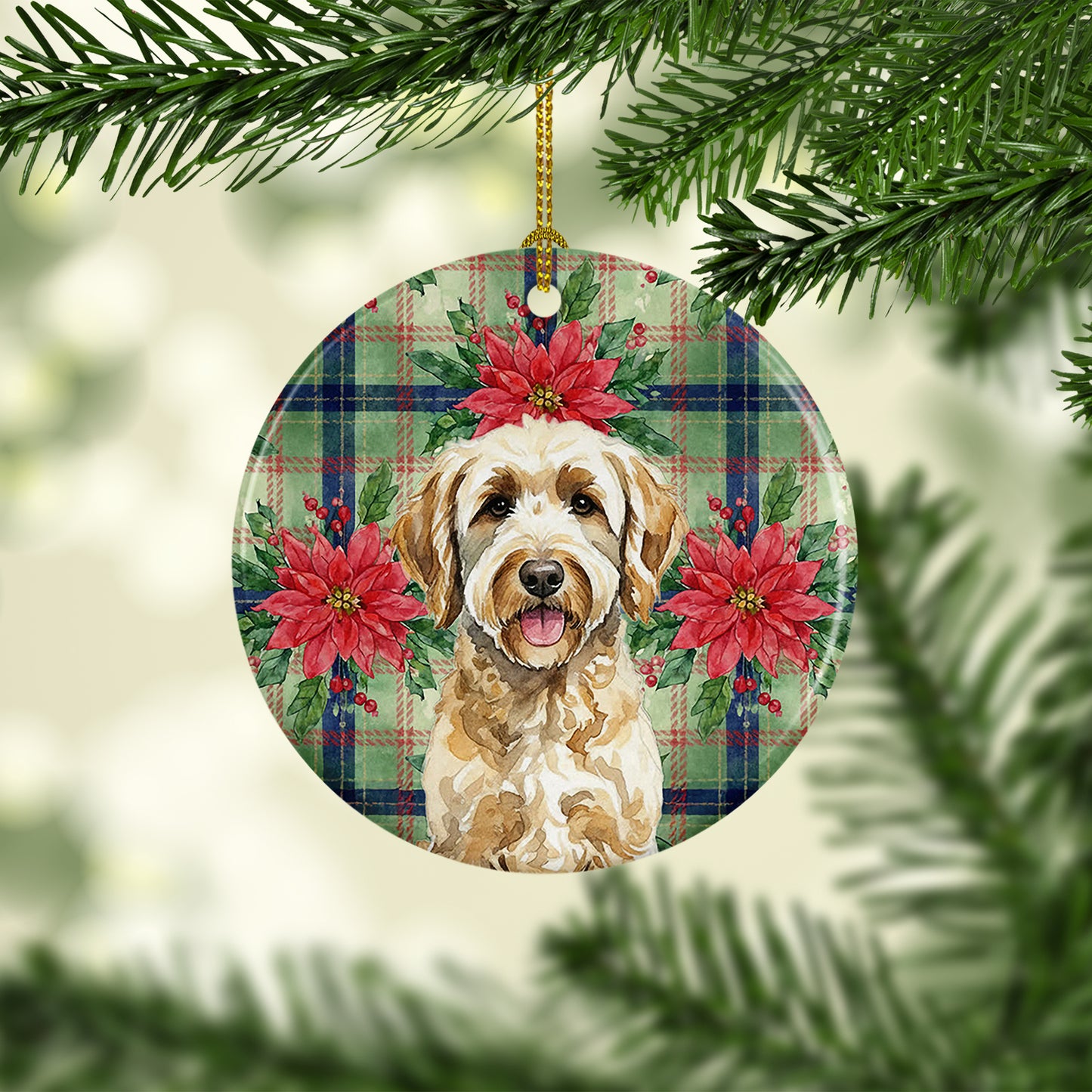 Labradoodle Christmas PoinsettIas Ceramic Ornament