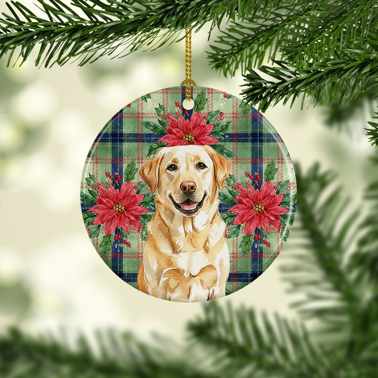 Yellow Labrador Retriever Christmas PoinsettIas Ceramic Ornament
