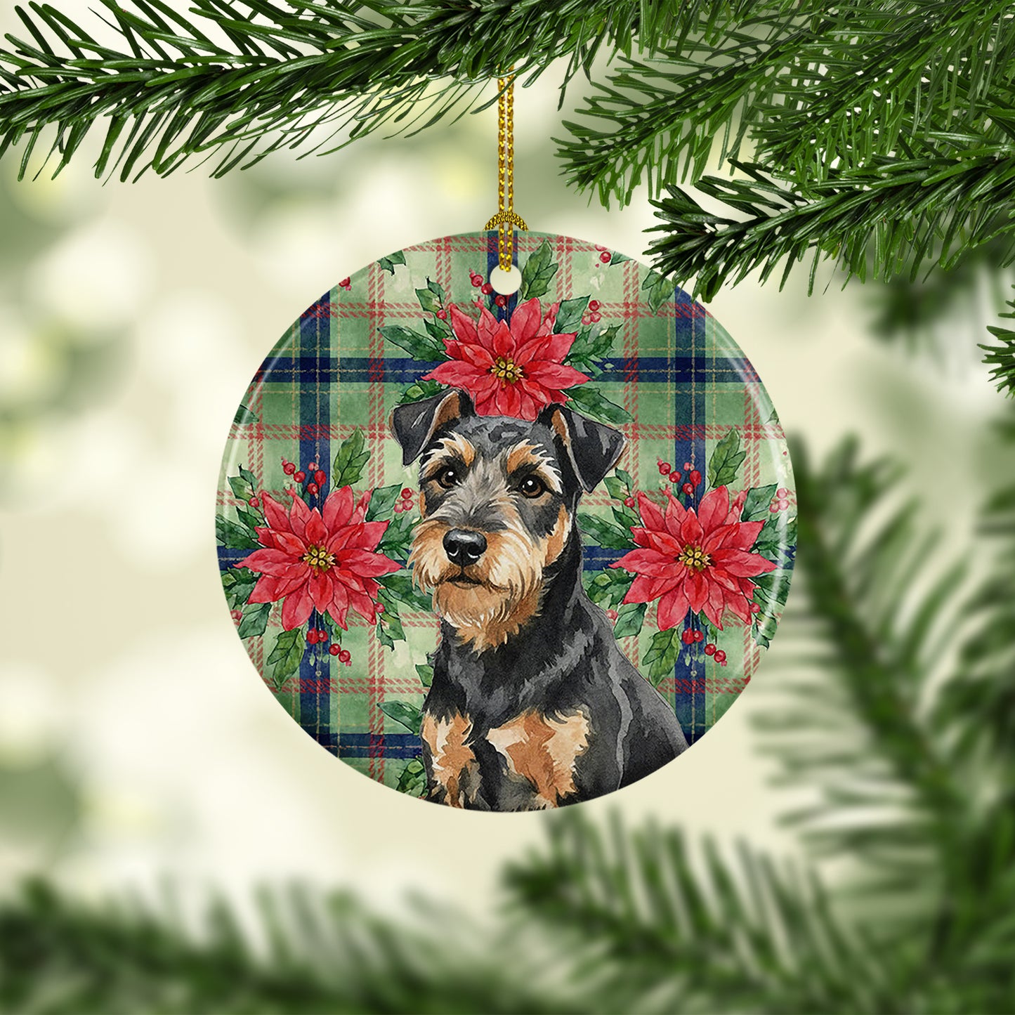 Black and Tan Lakeland Terrier Christmas PoinsettIas Ceramic Ornament