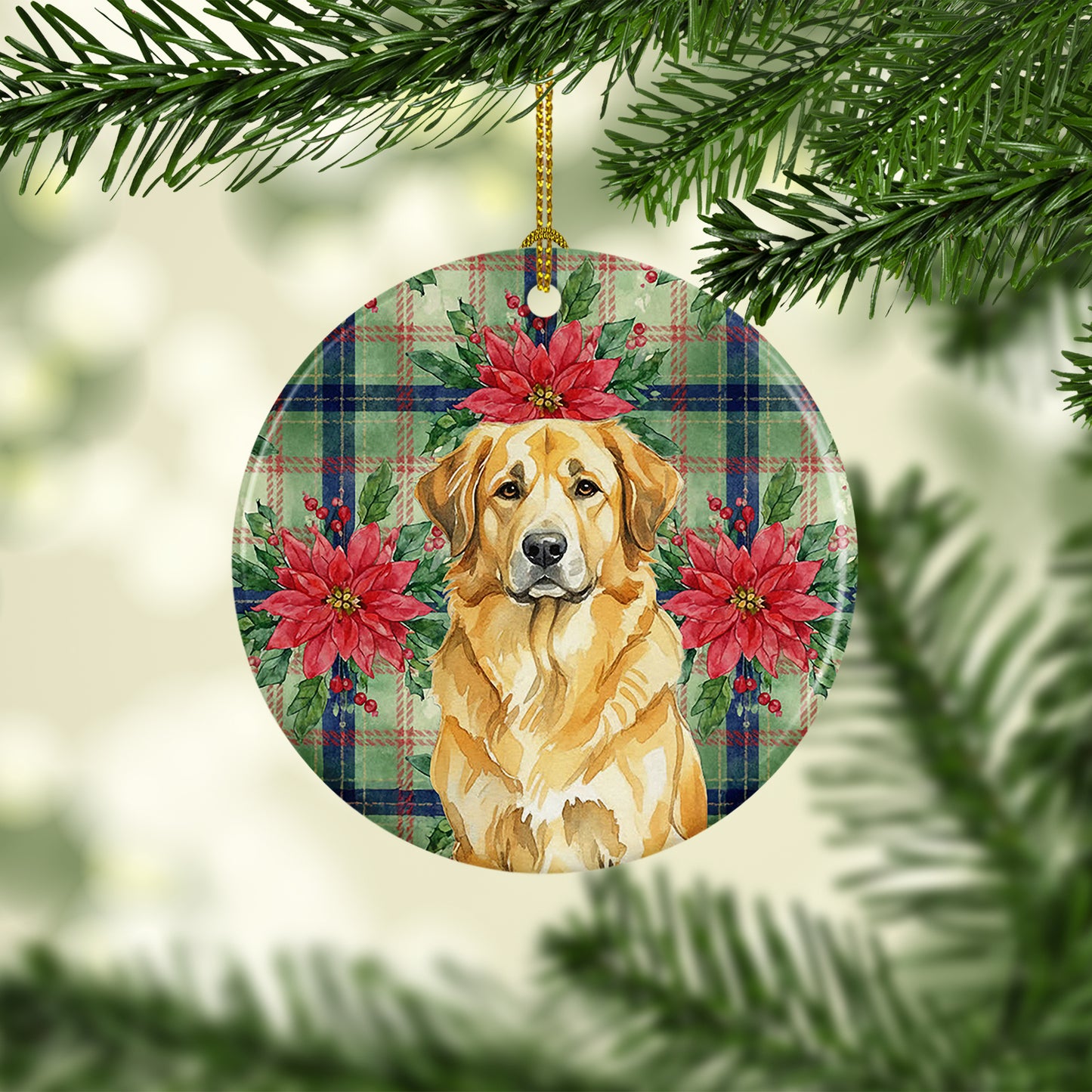 Lion Yellow Leonberger Christmas PoinsettIas Ceramic Ornament