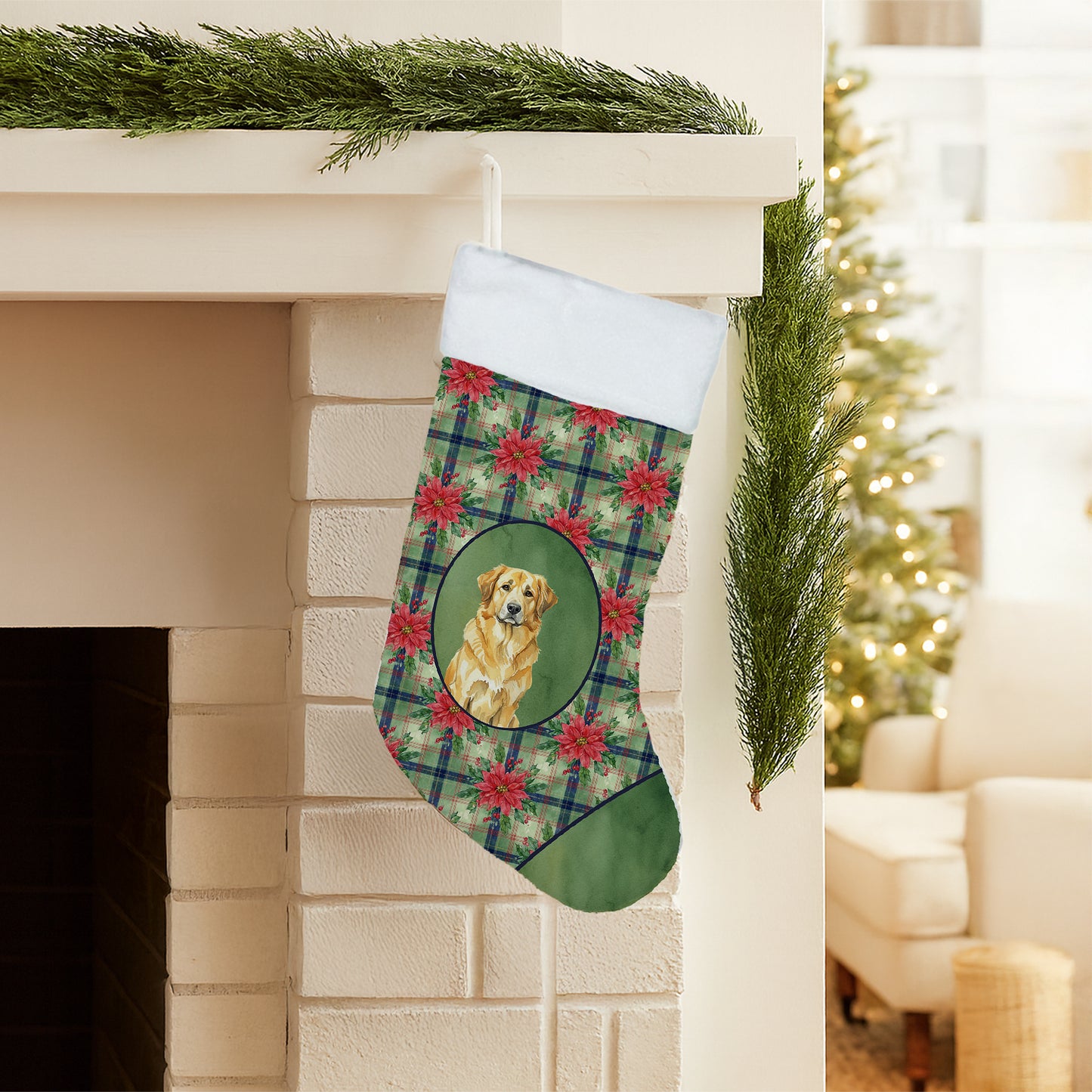 Lion Yellow Leonberger Christmas PoinsettIas Holiday Stocking